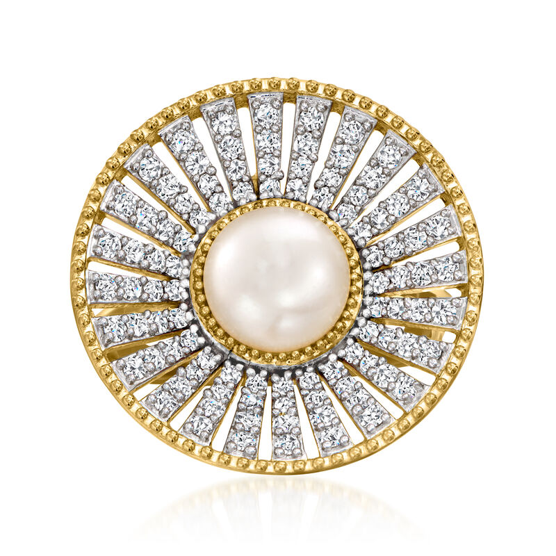 8-8.5mm Cultured Pearl and 1.00 ct. t.w. White Zircon Ring in 18kt Gold Over Sterling image number 0