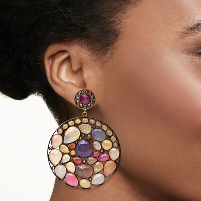C. 1990 Vintage 38.50 ct. t.w. Multicolored Sapphire and 1.40 ct. t.w. Brown Diamond Disc Drop Earrings in 14kt Gold Over Sterling