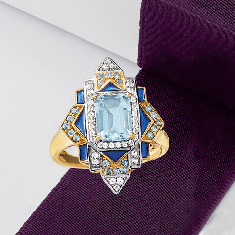 2.10 ct. t.w. London Blue, Sky Blue and White Topaz Ring with Blue Enamel in 18kt Gold Over Sterling image number 3