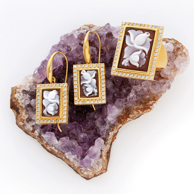 Italian Shell Flower Cameo and .95 ct. t.w. CZ Drop Earrings in 18kt Yellow Gold Over Sterling Silver image number 2