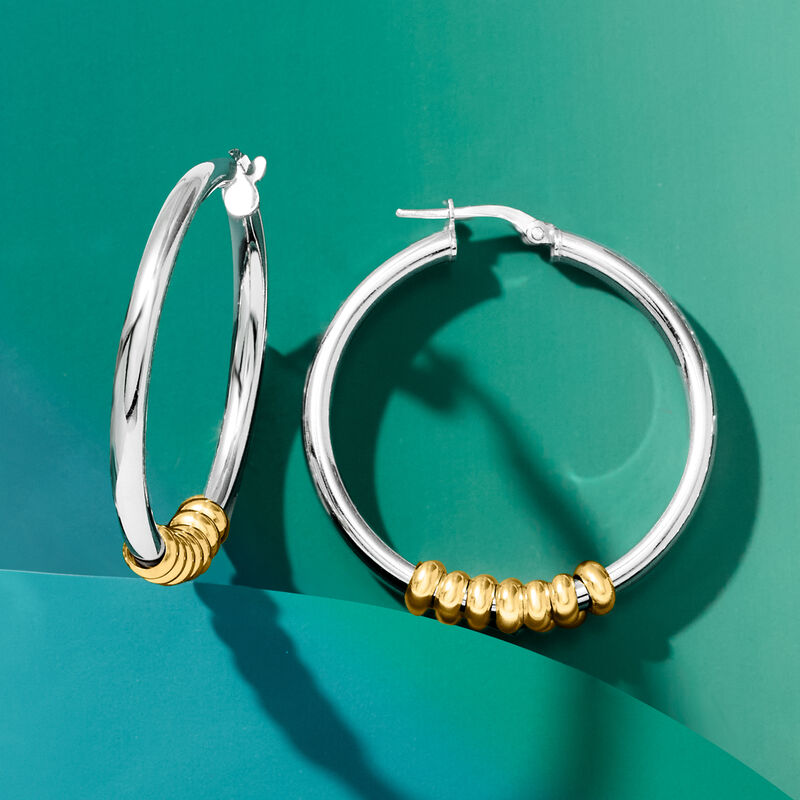 Italian 3mm Two-Tone Sterling Silver Removable Bead Hoop Earrings. 1 1/2&quot; image number 3
