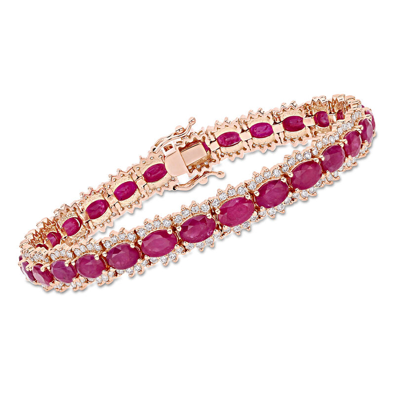 16.00 ct. t.w. Ruby and 2.20 ct. t.w. Diamond Tennis Bracelet in 14kt Rose Gold image number 0