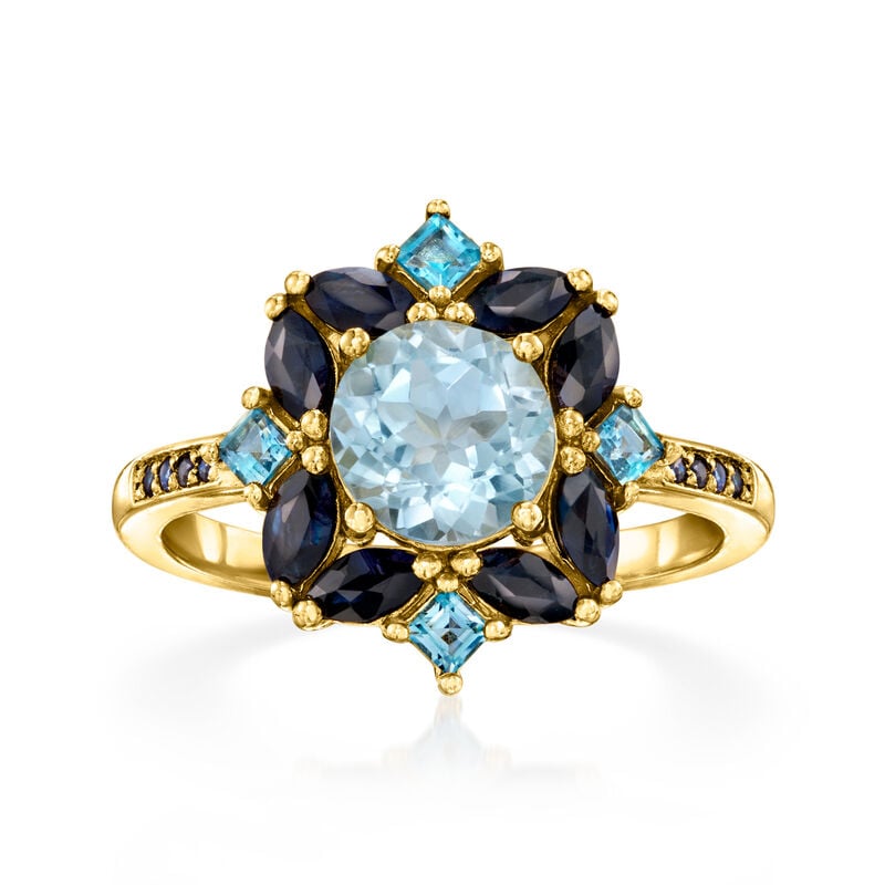 1.50 Carat Sky Blue Topaz, .68 ct. t.w. Sapphire and .30 ct. t.w. London Blue Topaz Ring in 18kt Gold Over Sterling image number 0
