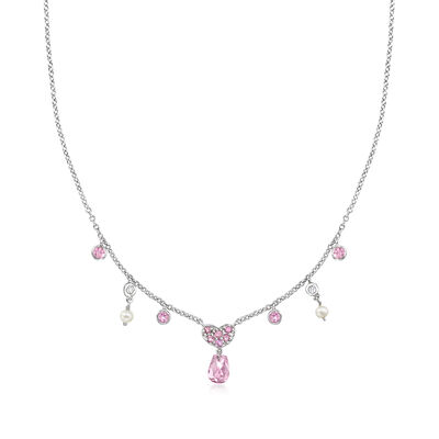 C. 1990 Vintage 3mm Cultured Pearl and 2.70 ct. t.w. Pink Tourmaline Heart Necklace with Diamonds in 14kt White Gold