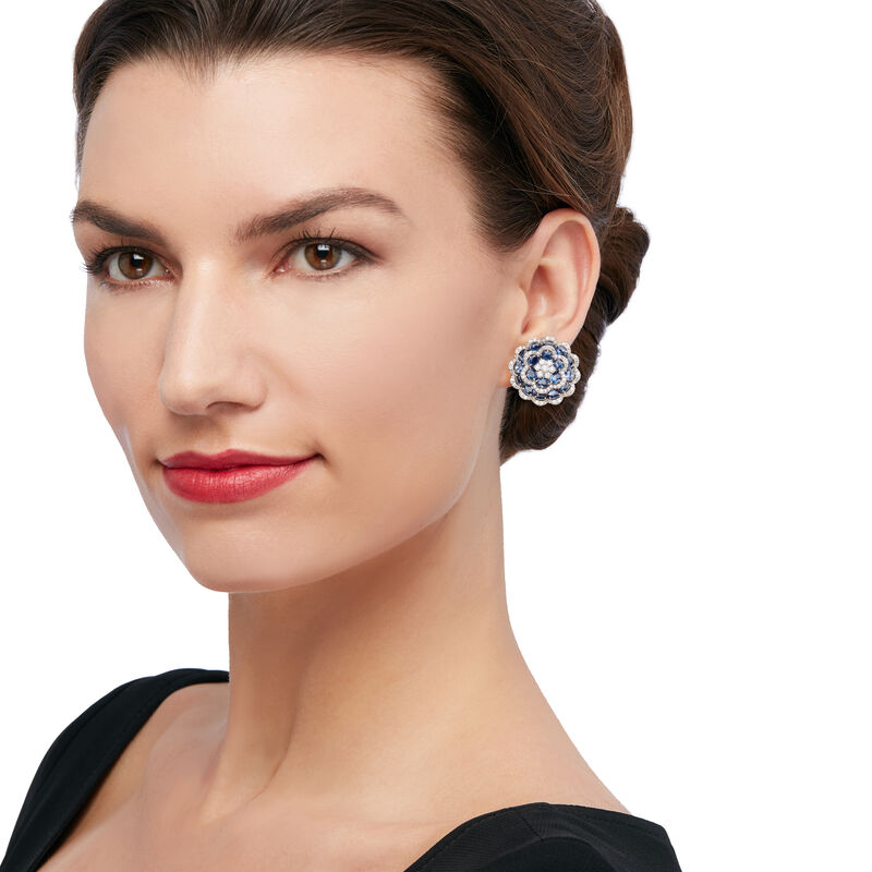 7.50 ct. t.w. Sapphire and 1.90 ct. t.w. Diamond Flower Earrings in 18kt White Gold image number 1