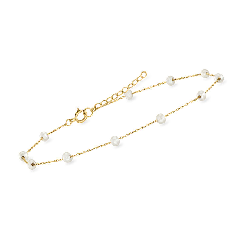 3-3.5mm Cultured Pearl Station Anklet in 14kt Yellow Gold. 9&quot; image number 2