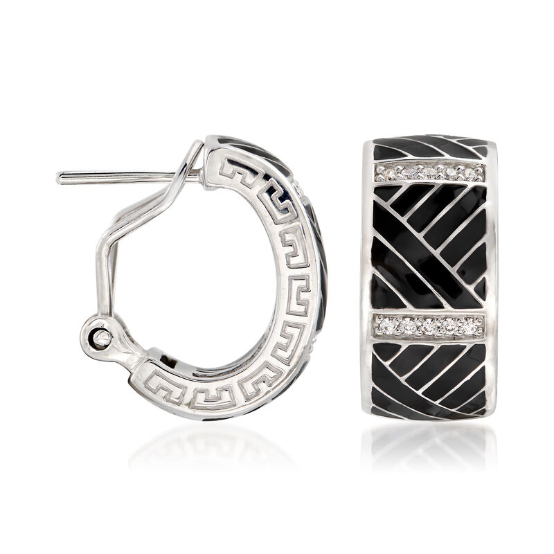 Belle Etoile &quot;Laguna&quot; Black Enamel and .20 ct. t.w. CZ Hoop Earrings in Sterling  image number 0