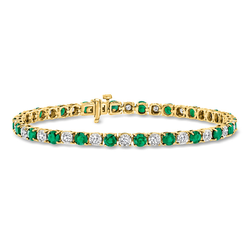 4.10 ct. t.w. Emerald and 1.00 ct. t.w. Diamond Tennis Bracelet in 18kt Gold Over Sterling image number 0