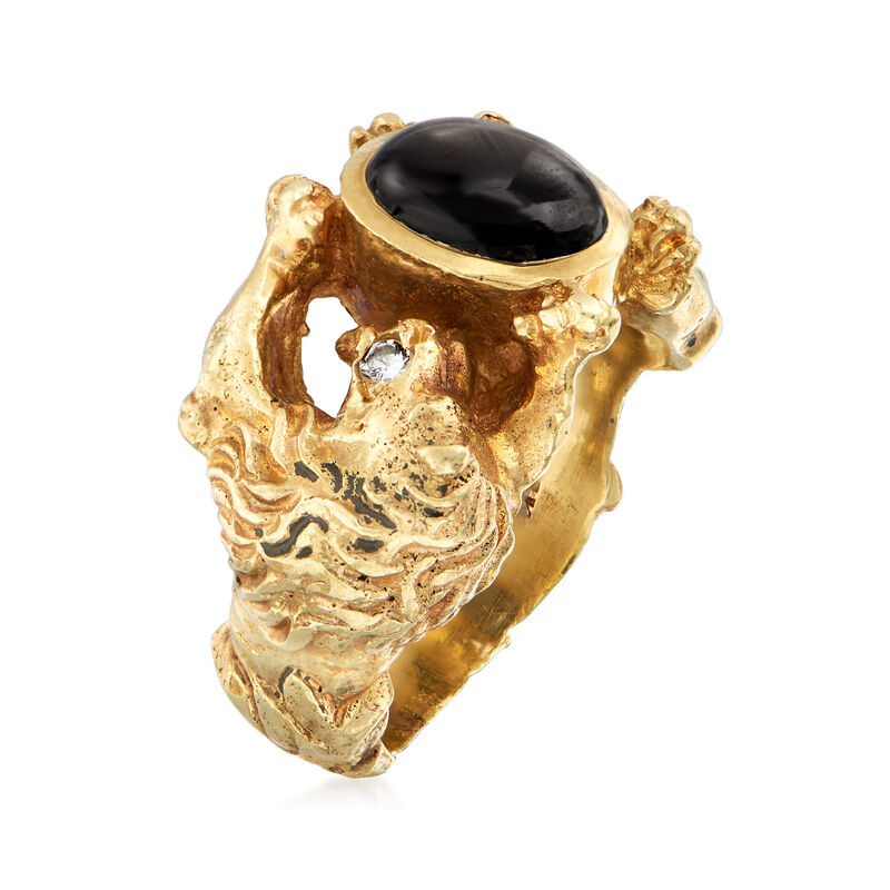 C. 1970 Vintage Black Star Sapphire Lion Ring with Diamond Accents in 14kt Yellow Gold image number 2