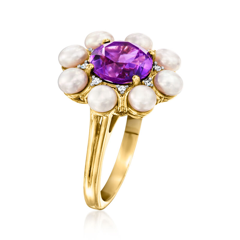 4.5-5mm Cultured Pearl and 2.90 Carat Amethyst Ring with Diamonds in 18kt Gold Over Sterling image number 1
