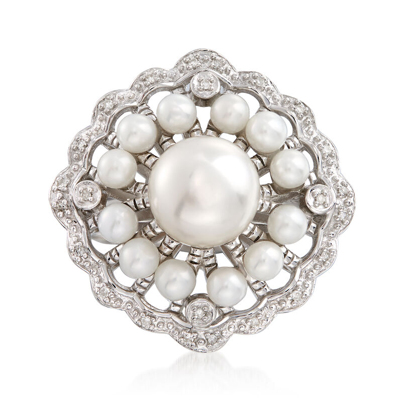 3-8mm Cultured Pearl Scalloped Ring with Diamond Accents in Sterling Silver image number 0