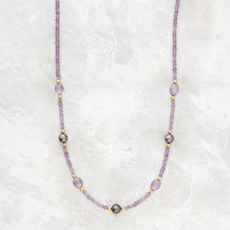 8-9mm Cultured Tahitian Pearl and 36.50 ct. t.w. Amethyst Bead Necklace with 14kt Yellow Gold image number 2
