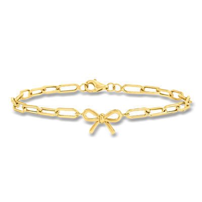 10kt Yellow Gold Bow Charm Paper Clip Link Bracelet