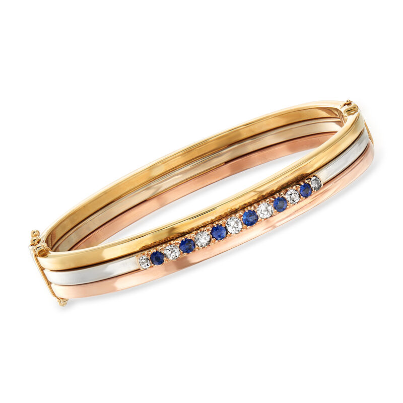 C. 1930 Vintage .60 ct. t.w. Diamond and .50 ct. t.w. Sapphire Bangle Bracelet in 14kt Tri-Colored Gold. 7.5&quot; image number 0
