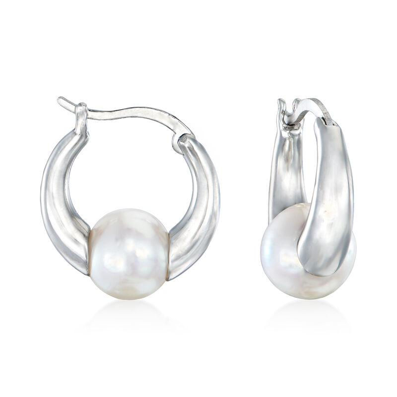 7.5-8mm Cultured Pearl Huggie Hoop Earrings in Sterling Silver. 5/8&quot; image number 0