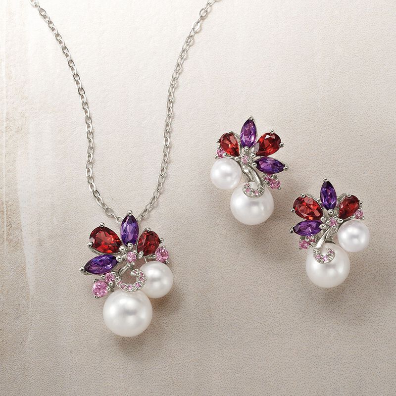6-8.5mm Cultured Pearl and 2.70 ct. t.w. Multi-Stone Cluster Drop Earrings in Sterling Silver image number 3