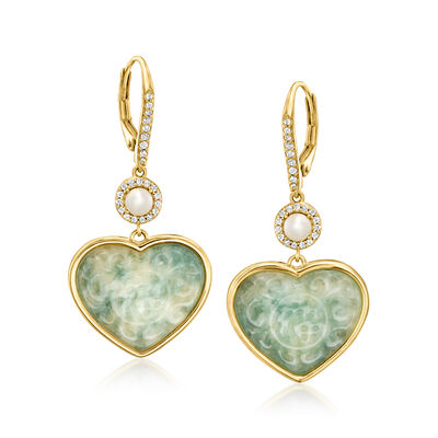 Jade Heart Drop Earrings with 3.5-4mm Cultured Pearls and .20 ct. t.w. White Topaz in 18kt Gold Over Sterling