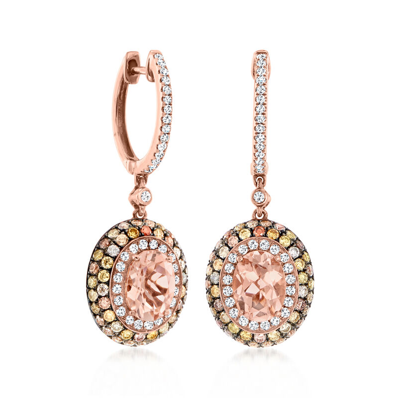 2.30 ct. t.w. Morganite Drop Earrings with 1.54 ct. t.w. Multicolored Diamond Hoop Drop Earrings in 14kt Rose Gold image number 2
