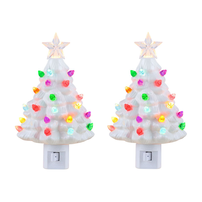 Mr. Christmas "Nostalgic" Set of 2 White Ceramic Christmas Tree Night Lights image number 0