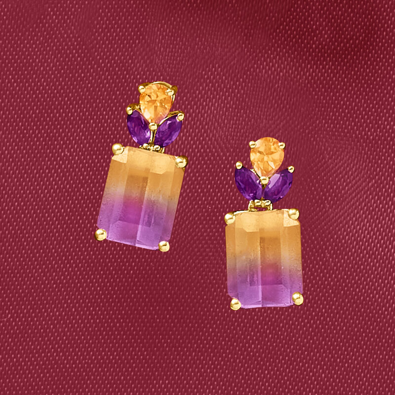 3.70 ct. t.w. Ametrine Floral Earrings with Citrines and Amethysts in 14kt Yellow Gold image number 2
