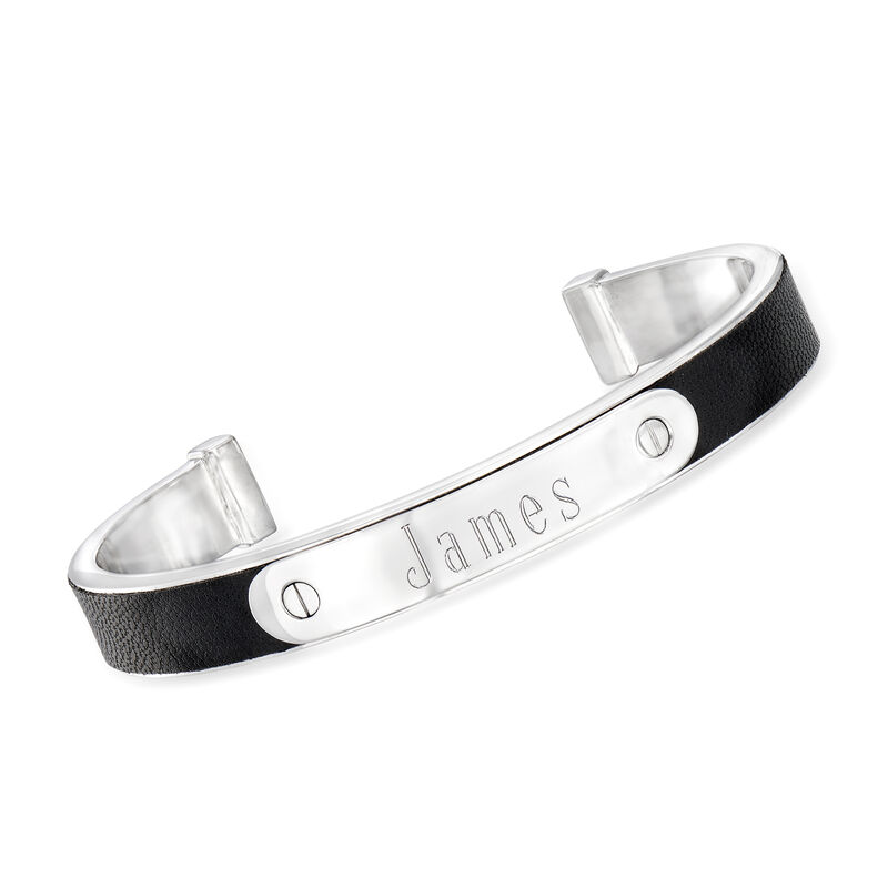 Gabriel Designs Sterling Silver Personalized Cuff Bracelet with Black Leather image number 1