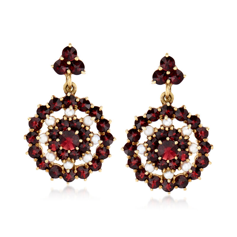 C. 1940 Vintage 3.30 ct. t.w. Garnet and Seed Pearl Drop Earrings in 14kt Yellow Gold image number 0