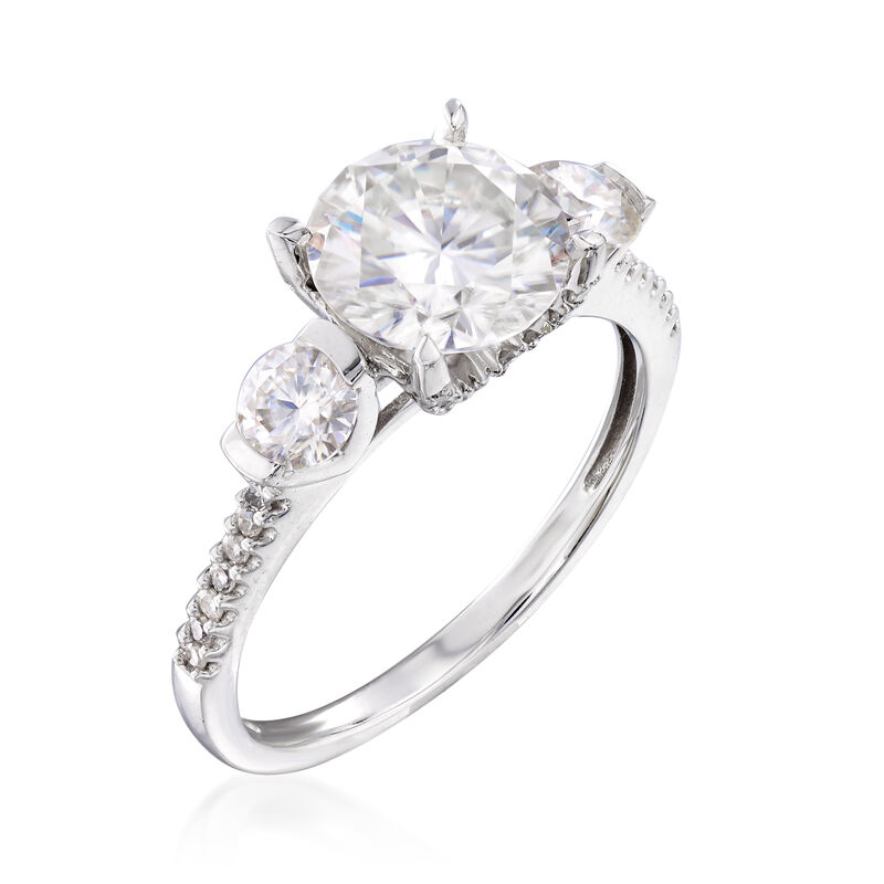 2.30 ct. t.w. Synthetic Moissanite Three-Stone Engagement Ring with .15 ct. t.w. Diamonds in 14kt White Gold image number 2