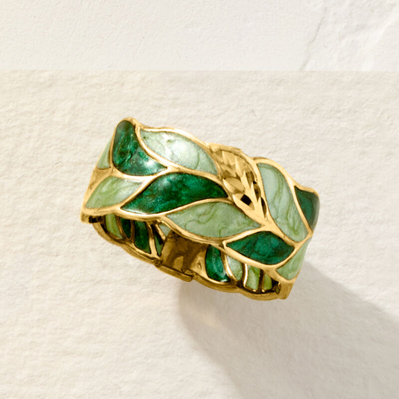 Italian Green Enamel Leaf Ring in 14kt Yellow Gold image number 5