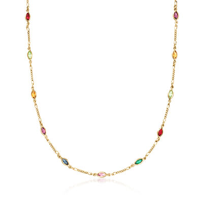 C. 1990 Vintage Simulated Multi-Gemstone Station Necklace in 14kt Yellow Gold