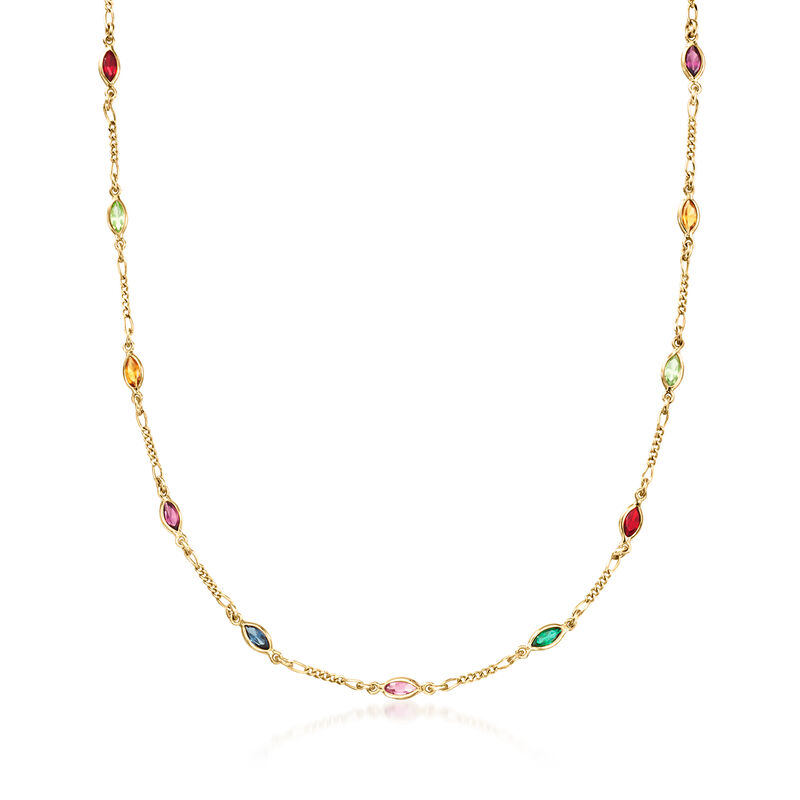 C. 1990 Vintage Simulated Multi-Gemstone Station Necklace in 14kt Yellow Gold. 16" image number 0