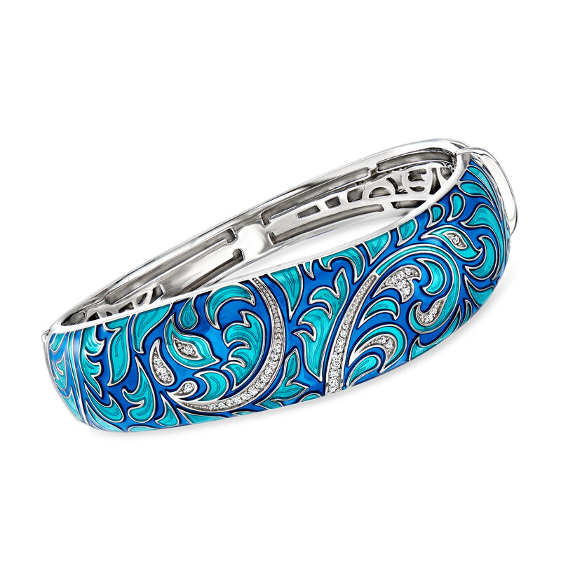 Belle Etoile &quot;Fernhaven&quot; .10 ct. t.w. CZ Bangle Bracelet with Multicolored Blue Enamel in Sterling Silver. 7.5&quot; image number 0
