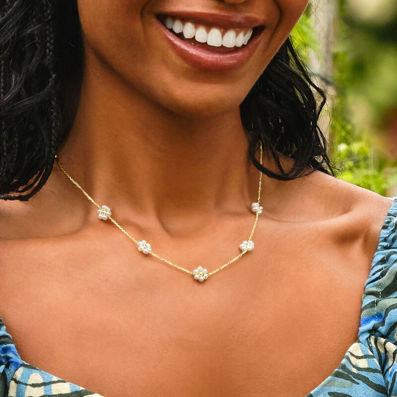 3-3.5mm Cultured Pearl Flower Station Necklace in 14kt Yellow Gold image number 7