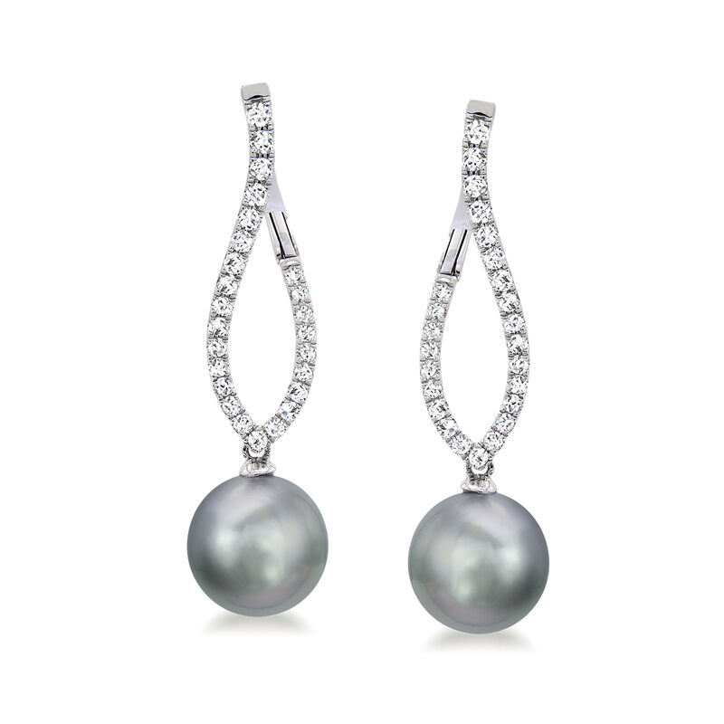 10-11mm Black Cultured Tahitian Pearl Open-Curve Drop Earrings with .70 ct. t.w. Diamonds in 18kt White Gold image number 0