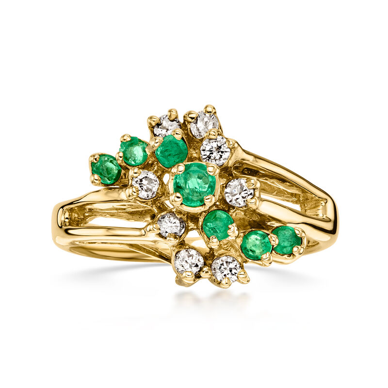 C. 1980 Vintage .40 ct. t.w. Emerald and .25 ct. t.w. Diamond Cluster Ring in 14kt Yellow Gold. Size 7.5 image number 0