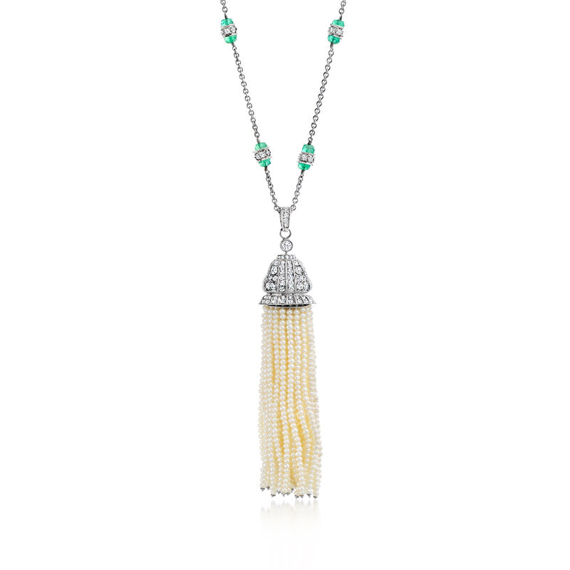 C. 1980 Vintage 2.35 ct. t.w. Diamond and Seed Pearl Tassel Pendant Necklace with 1.20 ct. t.w. Emeralds in 18kt White Gold and Platinum. 27" image number 0