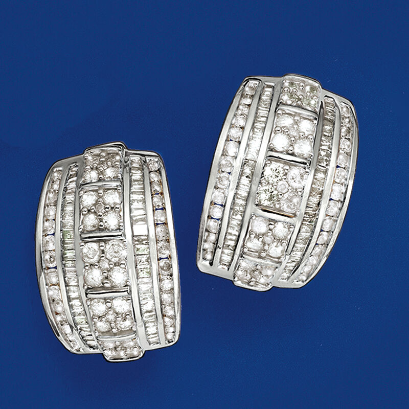 3.00 ct. t.w. Round and Baguette Diamond Hoop Earrings in Sterling Silver. 3/4&quot; image number 3
