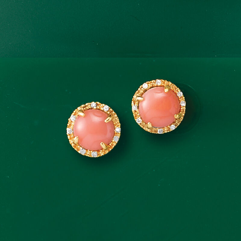 Coral and Diamond Stud Earrings in 14kt Yellow Gold image number 3