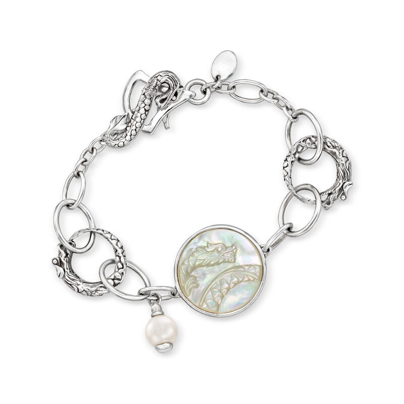 C. 1990 Vintage John Hardy Mother-of-Pearl Dragon Bracelet with 8mm Cultured Pearl in Sterling Silver. 7.5&quot; image number 0
