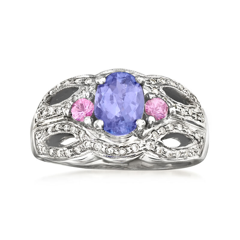 C. 1980 Vintage 1.30 Carat Tanzanite and .20 ct. t.w. Pink Tourmaline Ring with .35 ct. t.w. Diamonds in 14kt White Gold. Size 7 image number 0