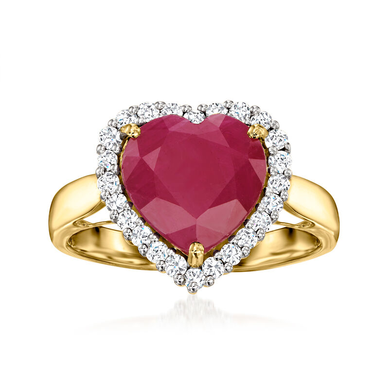 4.20 Carat Ruby Heart Ring with .34 ct. t.w. Diamonds in 14kt Yellow Gold. Size 8 image number 0