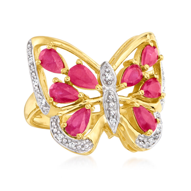 1.89 ct. t.w. Ruby Butterfly Ring with Diamond Accents in 18kt Gold Over Sterling. Size 8 image number 3