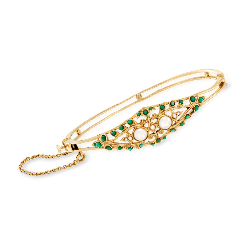 C. 1960 Vintage Cultured Pearl and Turquoise Bangle Bracelet in 14kt Yellow Gold. 7&quot; image number 0