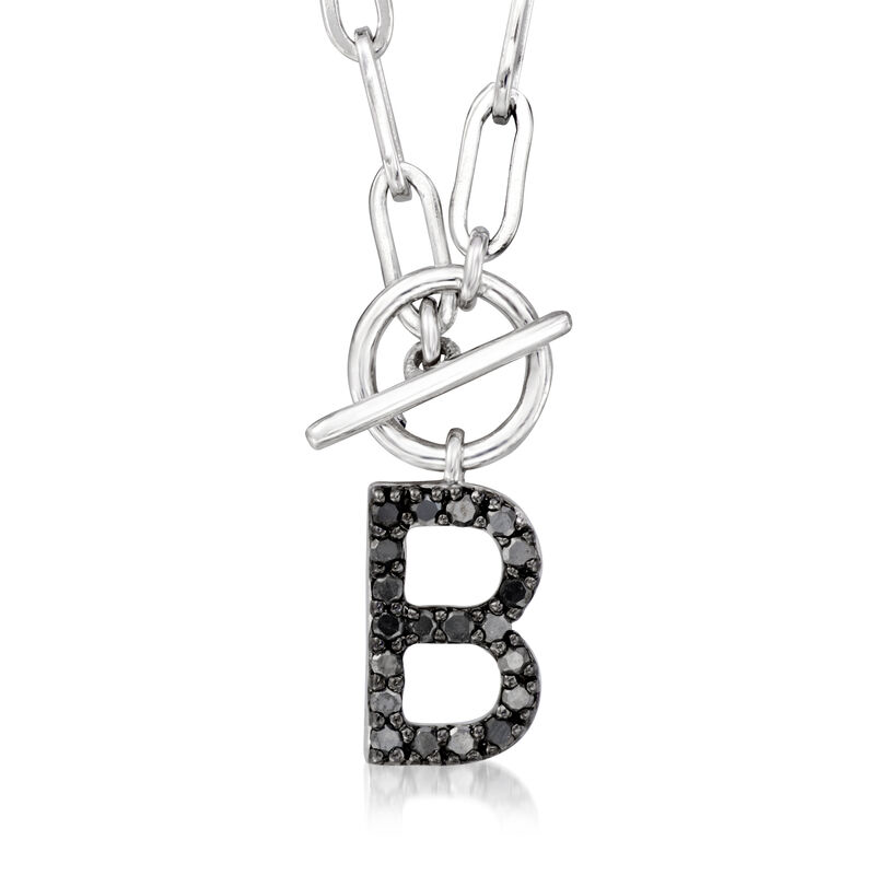 B - .10 ct. t.w. Black Diamond Initial Paper Clip Link Toggle Necklace in Sterling Silver. 16&quot; image number 0