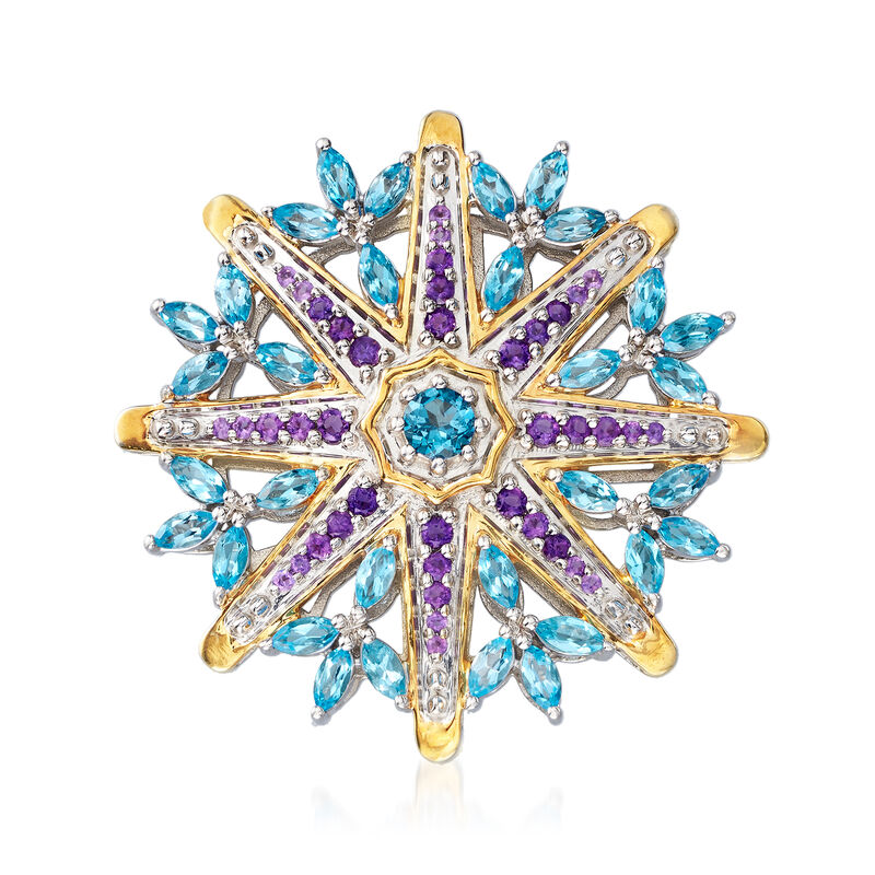 5.50 ct. t.w. Sky Blue Topaz and 1.00 ct. t.w. Amethyst Wheel Pin in Two-Tone Sterling Silver  image number 0