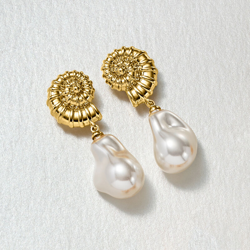 14kt Yellow Gold-Plated Seashell Drop Earrings with Simulated Baroque Pearls  image number 2