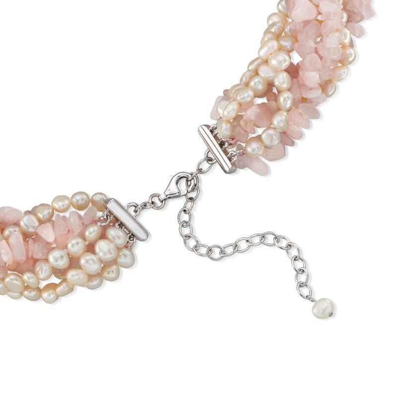 Cultured Pearl and Rose Quartz Chip Torsade Necklace with Sterling Silver image number 2