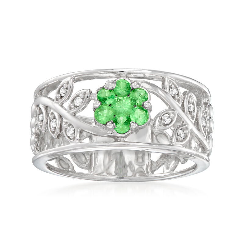 C. 1990 Vintage .35 ct. t.w. Tsavorite Flower Ring with Diamonds in 9kt White Gold image number 0