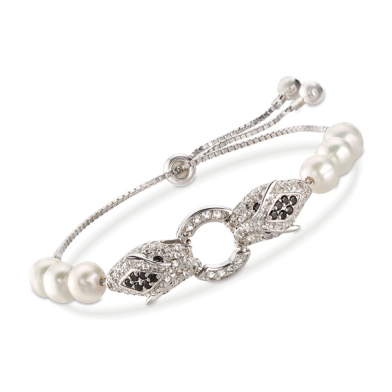 7-7.5mm Cultured Pearl and 1.50 ct. t.w. White Topaz Panther Bolo Bracelet with Black Spinels in Sterling image number 0