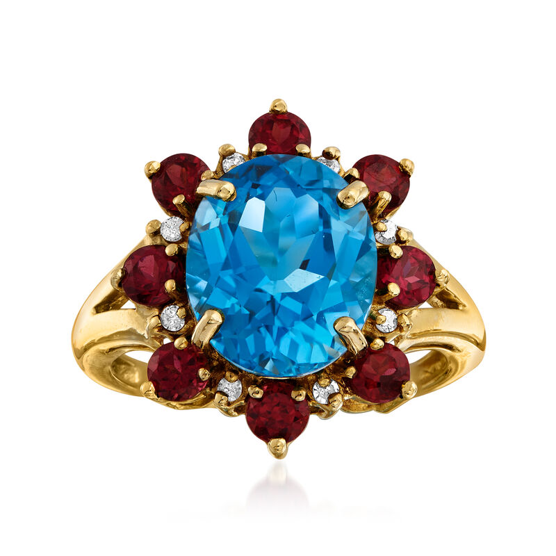 C. 1980 Vintage 5.00 Carat Blue Topaz and 1.20 ct. t.w. Rhodolite Garnet Ring with Diamond Accents in 14kt Yellow Gold. Size 6 image number 0