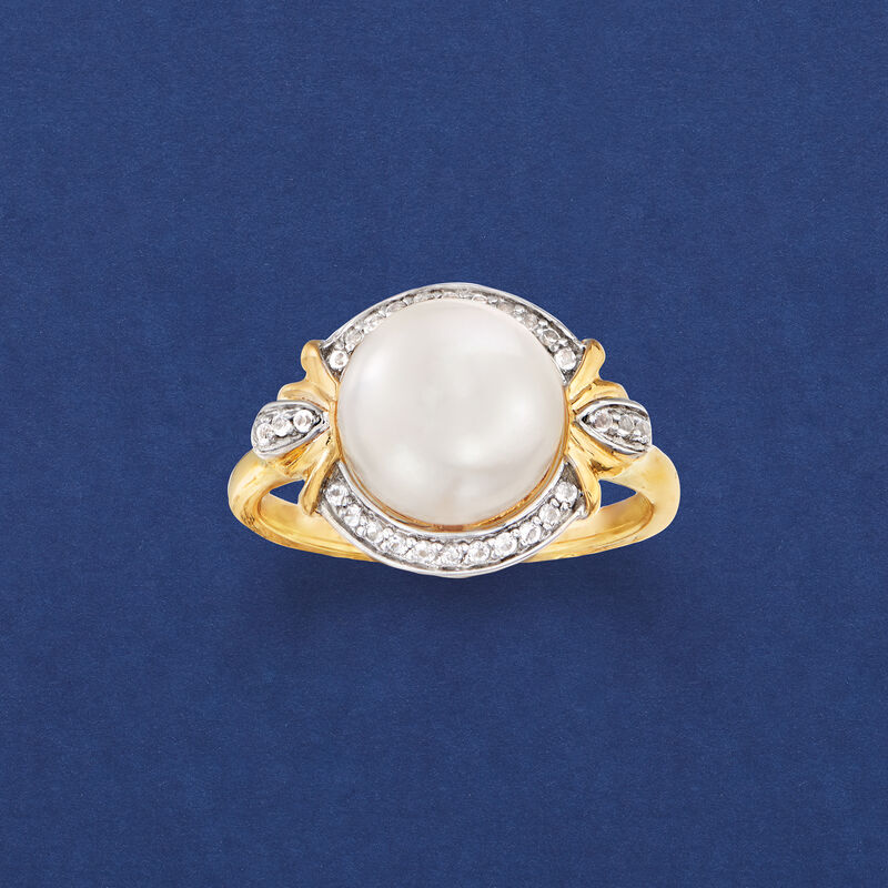 9.5-10mm Cultured Pearl and .10 ct. t.w. White Topaz Ring in 18kt Gold Over Sterling image number 4